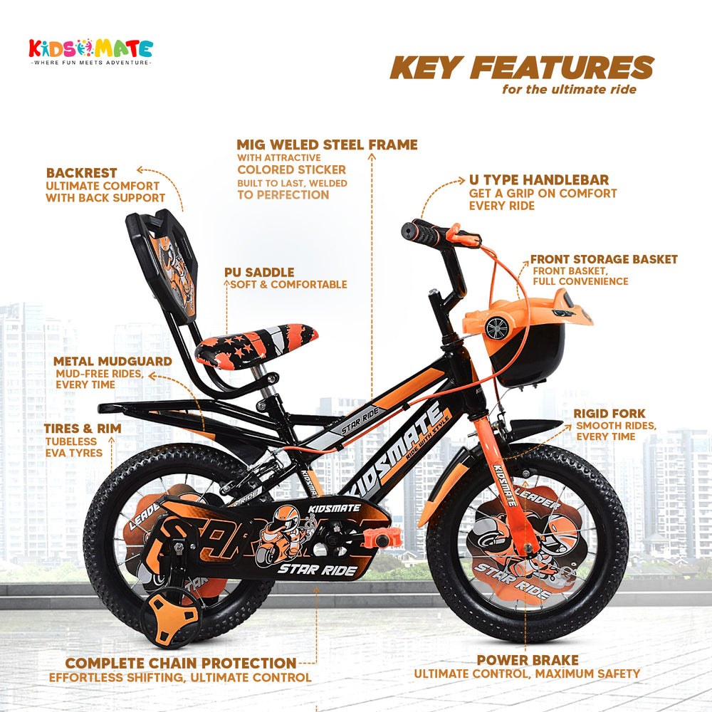 A vibrant kids bicycle featuring training wheels, a colorful frame with the Kidsmate logo, a comfortable saddle, and a front storage basket. The design showcases playful graphics and sturdy tires.