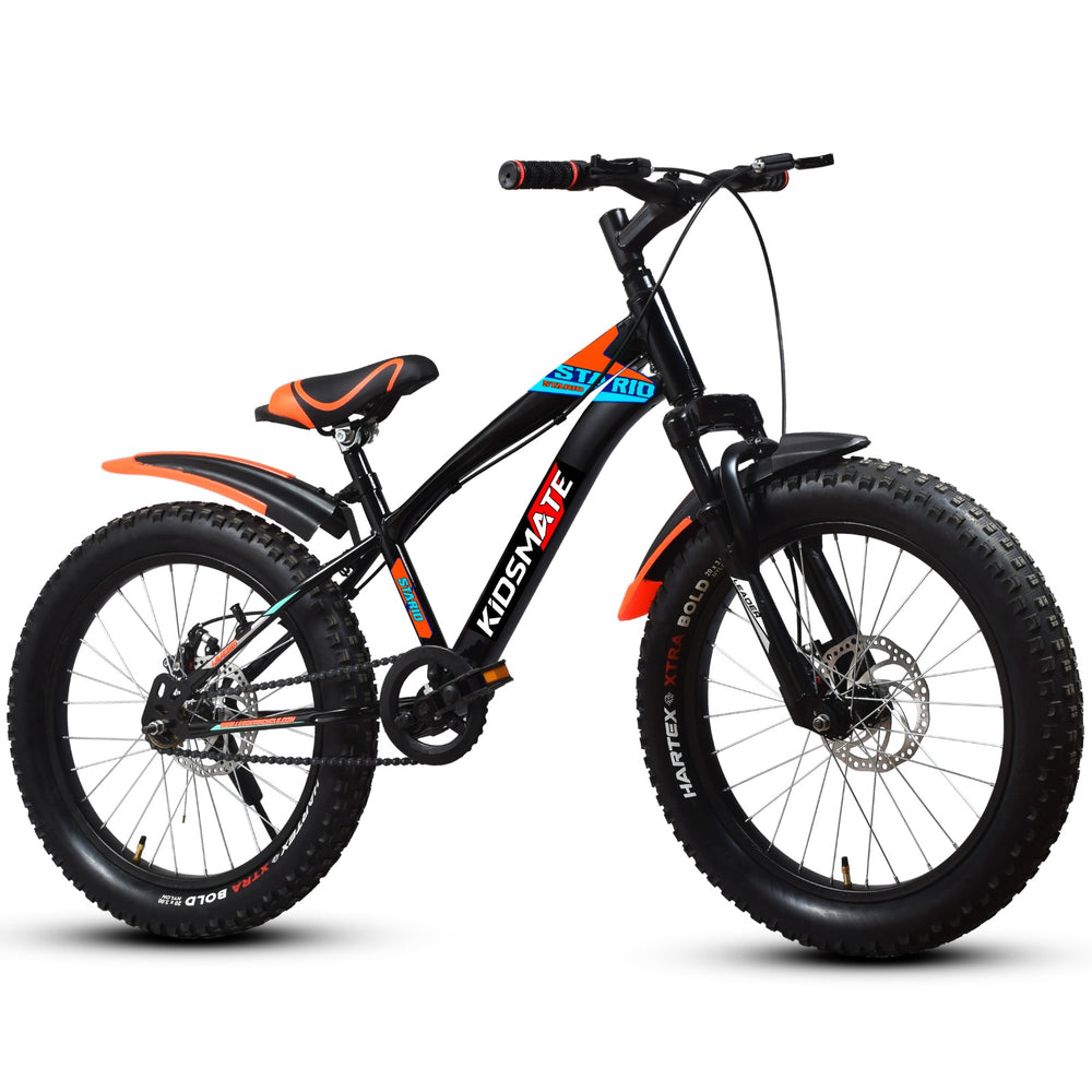 A vibrant kids bicycle featuring a black frame with orange accents, thick tires, and a comfortable seat. The handlebars are equipped with grips, and the bike showcases a sporty design.