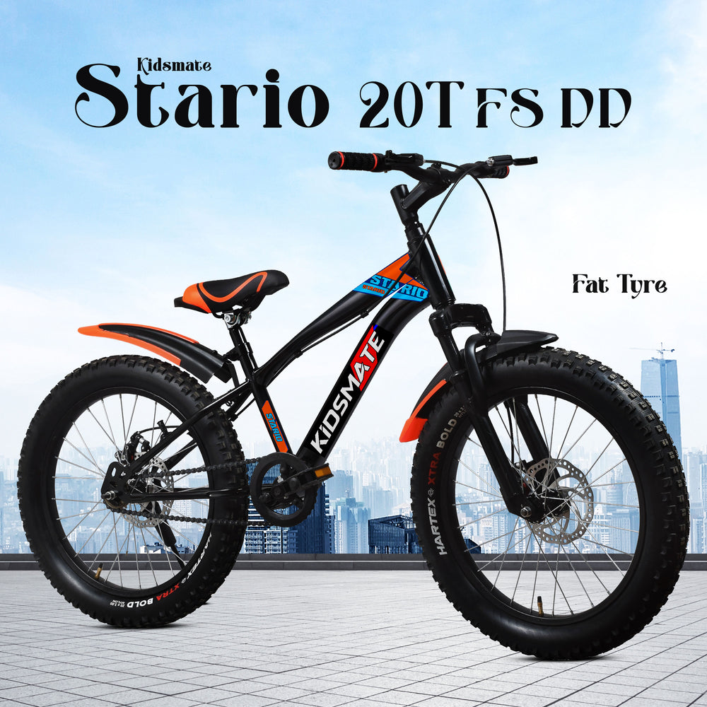 A vibrant kids bicycle with a sleek black frame and bold orange accents. It features thick tires for stability and a stylish design, perfect for adventurous young riders.