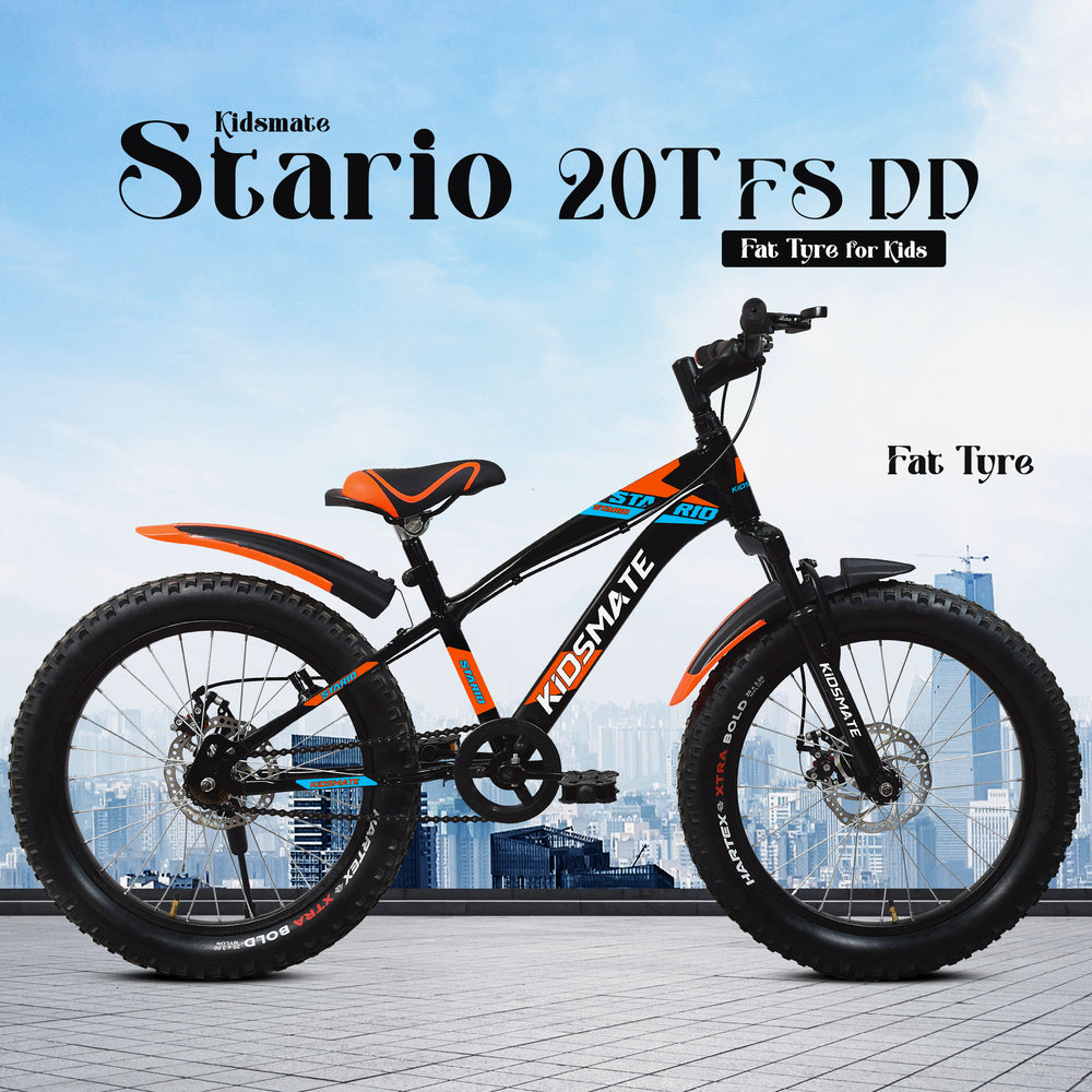 A vibrant kids bicycle featuring a black and orange frame, thick tires, and a stylish design. The bike is displayed against a neutral background, showcasing its sturdy build and playful colors.