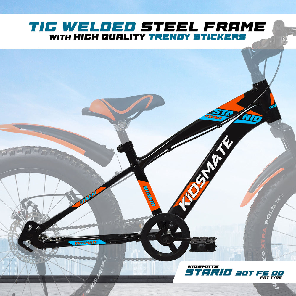 A vibrant kids bicycle featuring a sleek black frame with bold orange and blue accents. The bike showcases trendy stickers and a sturdy design, perfect for young riders.