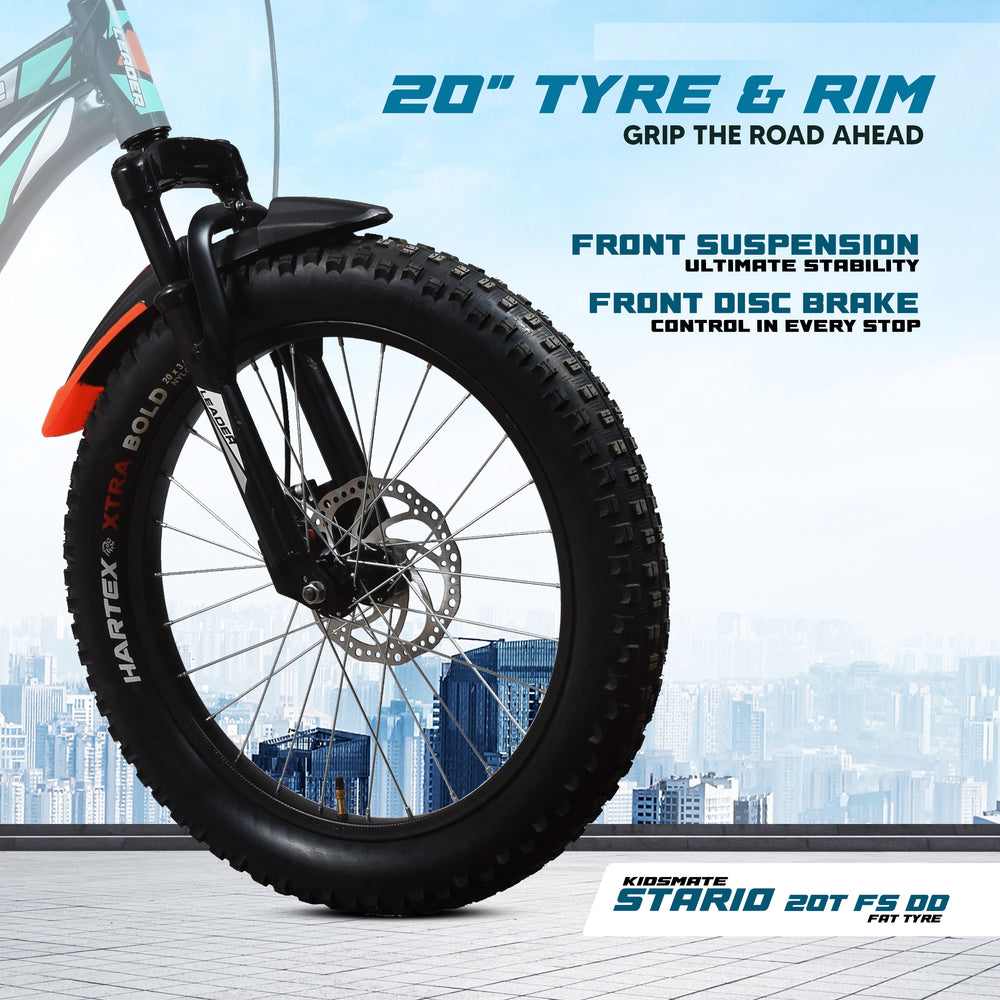 Close-up of a sturdy 20-inch bicycle tire with a thick tread, showcasing a front suspension system and disc brake for enhanced control and stability. The Kidsmate logo is visible on the tire.