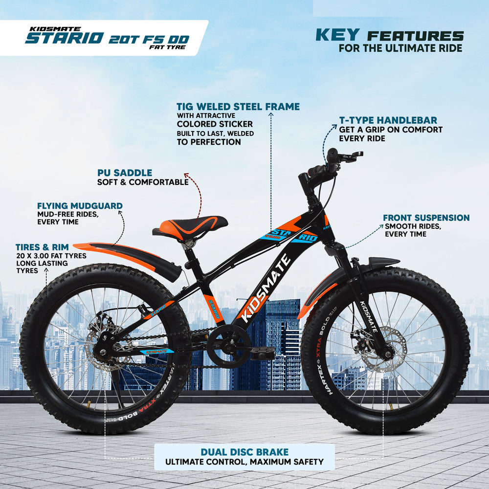 A vibrant kids bicycle featuring a sturdy frame, wide fat tires, and a comfortable PU saddle. The bike showcases a T-type handlebar and front suspension, designed for a smooth ride. Key features are highlighted in text.