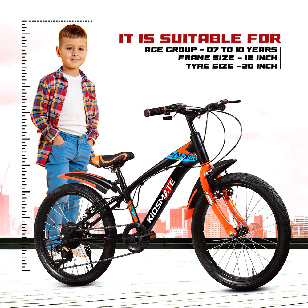 A vibrant kids' bicycle with a sleek design, featuring a bright orange frame and black wheels. A young boy in a plaid shirt stands beside it, showcasing the bike's suitability for children aged 7 to 10 years.