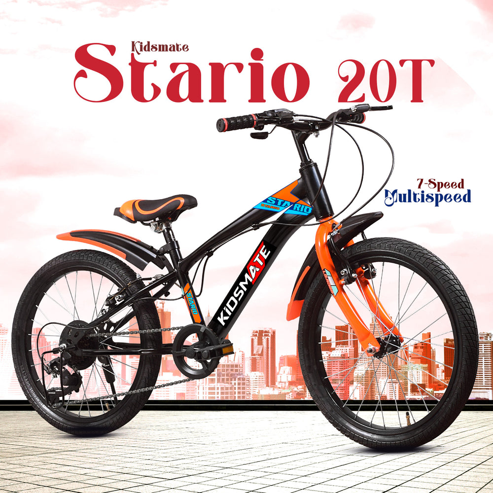 A vibrant black and orange kids bicycle featuring a sleek design, 20T size, and 7-speed gears. The bike is displayed against a city skyline backdrop, showcasing its sporty look.