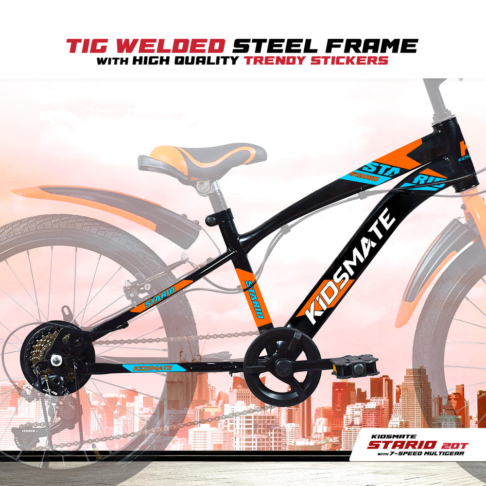 A vibrant kids bicycle featuring a tig welded steel frame and high-quality trendy stickers. The bike is predominantly black with orange and blue accents, showcasing a sporty design.
