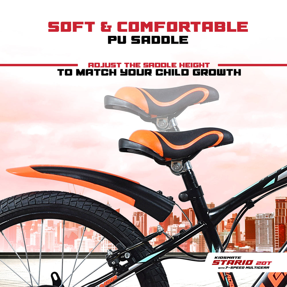 A close-up view of a kids bicycle saddle featuring a soft PU material and adjustable height. The bike has a sleek design with vibrant colors, perfect for young riders.