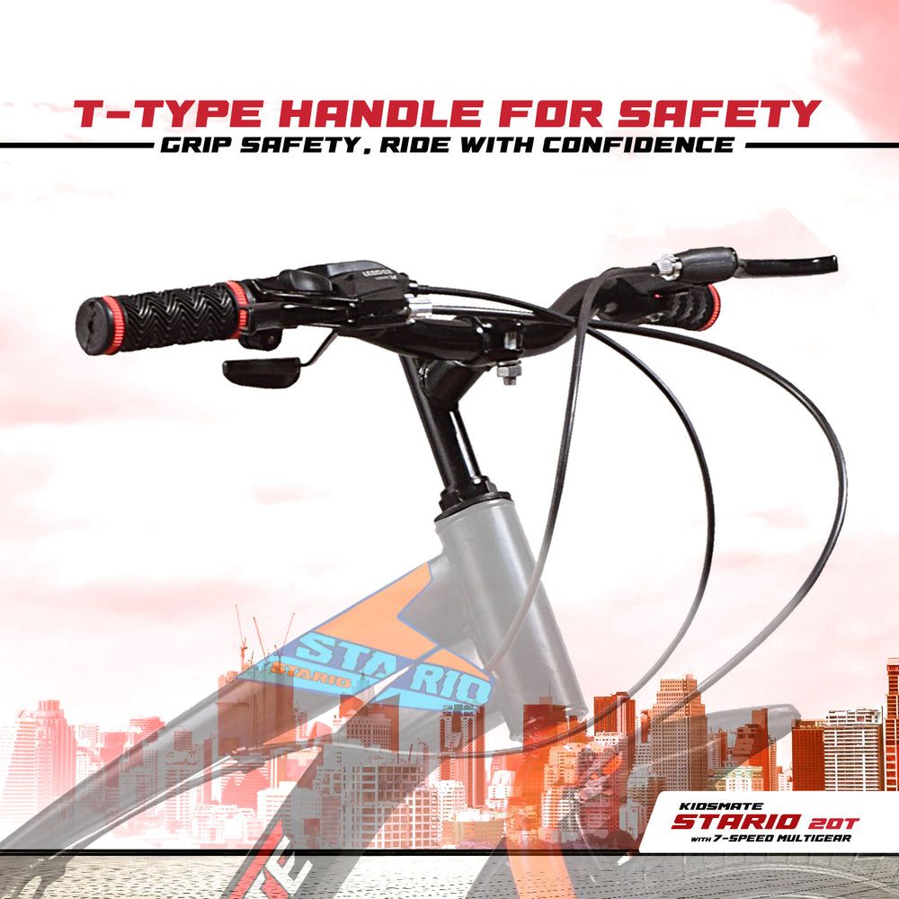 Close-up of the T-type handlebar of a kids bicycle, featuring textured grips for safety and control. The vibrant design includes the Kidsmate logo, set against a bright background.