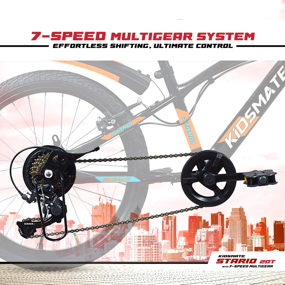 A close-up view of a bicycle's 7-speed multigear system, showcasing the gear mechanism and chain. The bike features a vibrant design with the brand name 'KIDSMATE' visible on the frame.