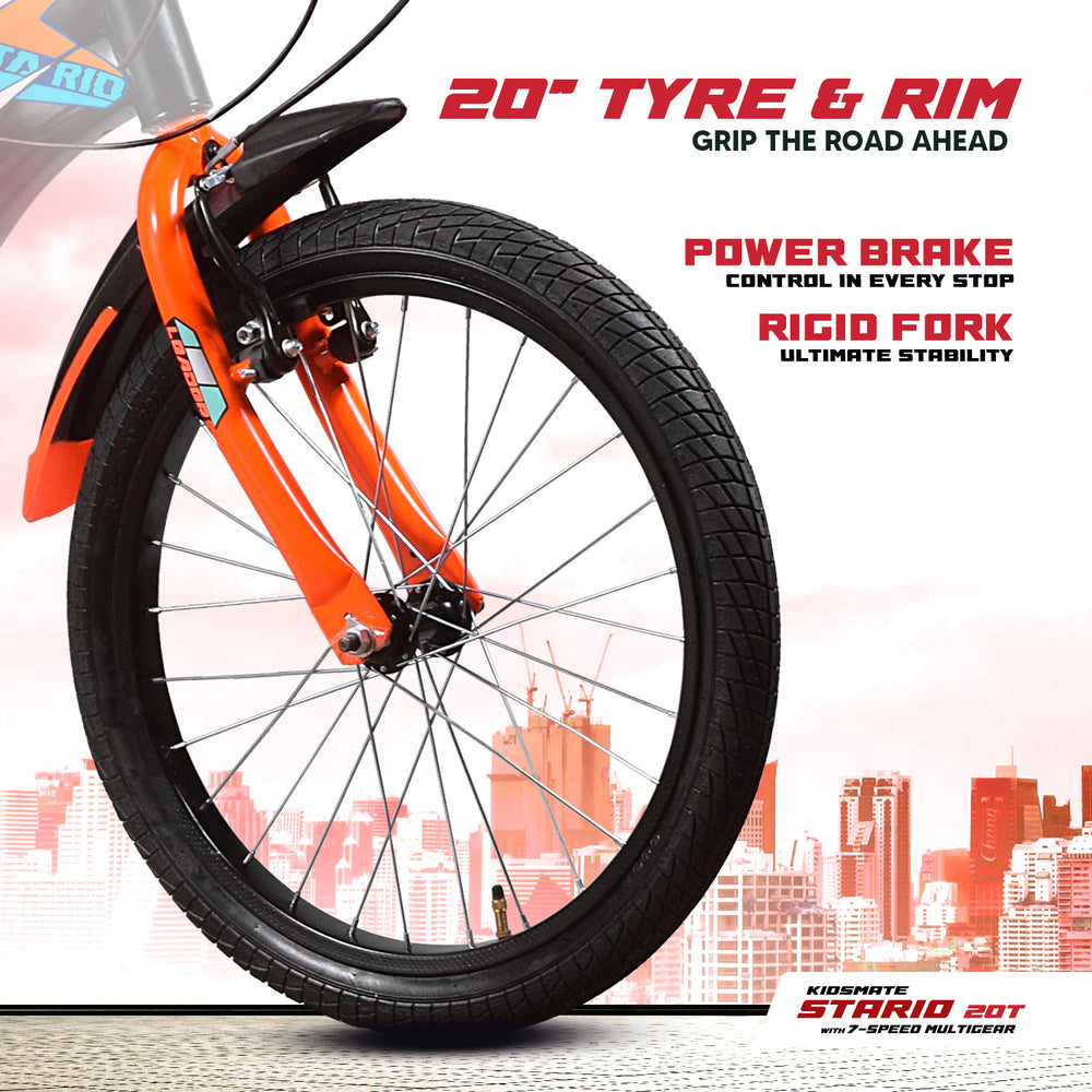 A vibrant orange bike with a 20-inch tire and rim, featuring a rigid fork and power brake. The background showcases a city skyline, emphasizing the bike's adventurous spirit.