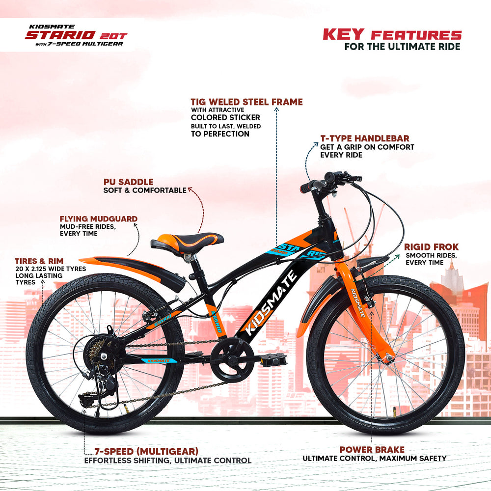 A vibrant kids bicycle with a sleek design featuring a black and orange frame, 20-inch wheels, and a T-type handlebar. Key features are highlighted, including a 7-speed gear system and a comfortable PU saddle.