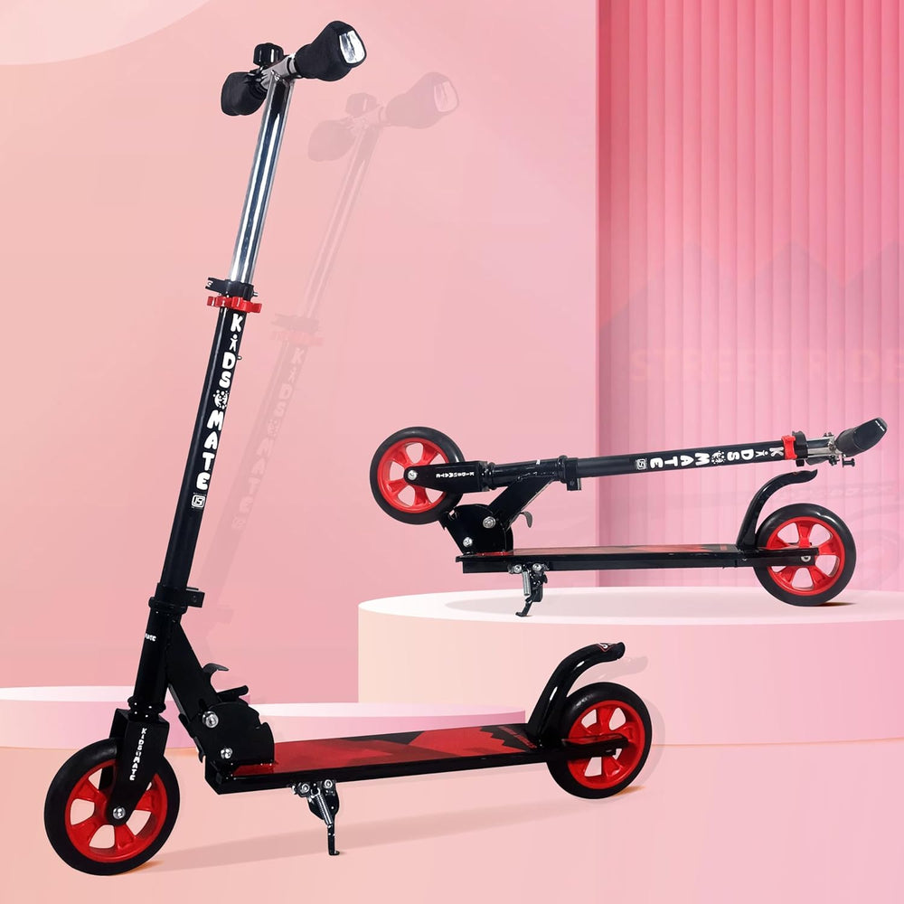 A vibrant red and black kick scooter designed for kids aged 6-13 years, featuring a sturdy frame, wide deck, and large wheels for smooth rides. The handlebar includes a light for added safety.