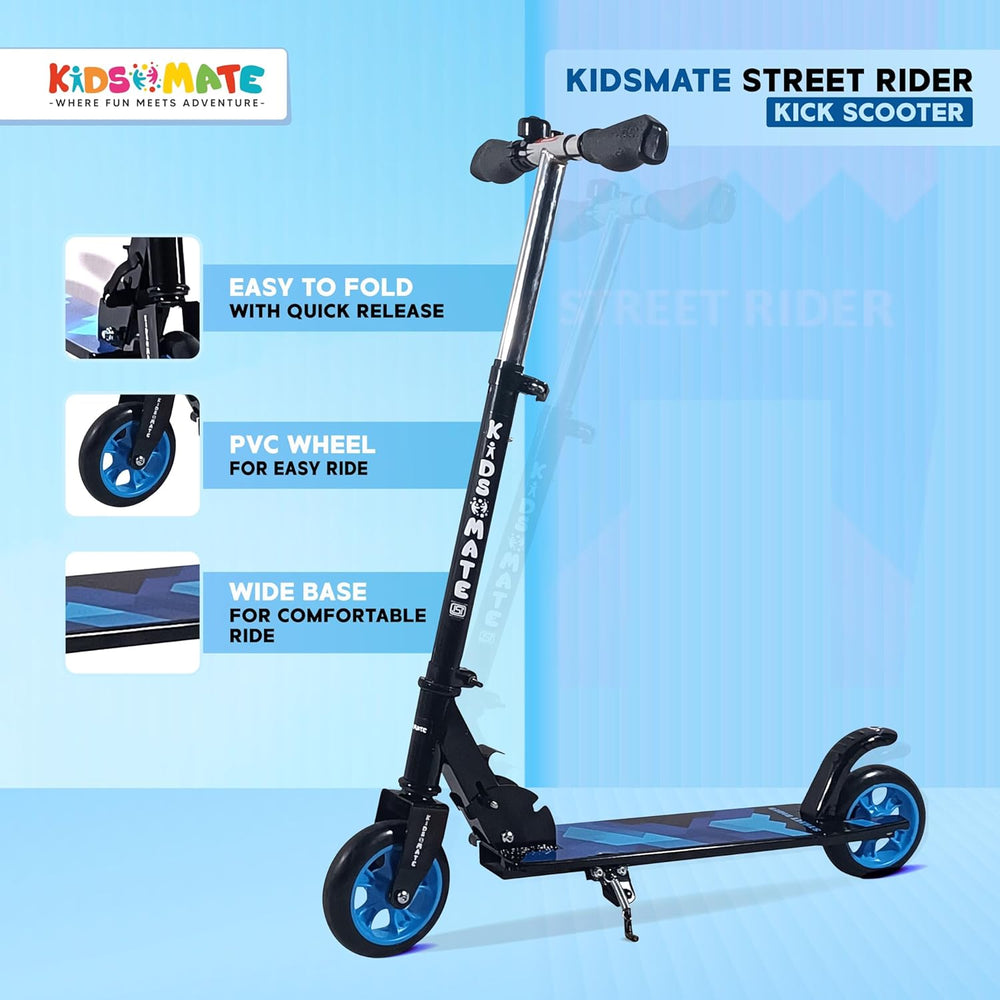 Kick scooter designed for kids aged 6-13, featuring a sleek black and blue design, easy-to-fold mechanism, PVC wheels, and a wide base for comfort. Kidsmate branding is visible.