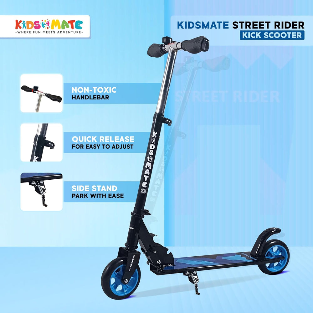 A vibrant kick scooter designed for kids aged 6-13, featuring a non-toxic handlebar, quick-release mechanism for easy adjustment, and a side stand for convenient parking. The Kidsmate logo is prominently displayed.