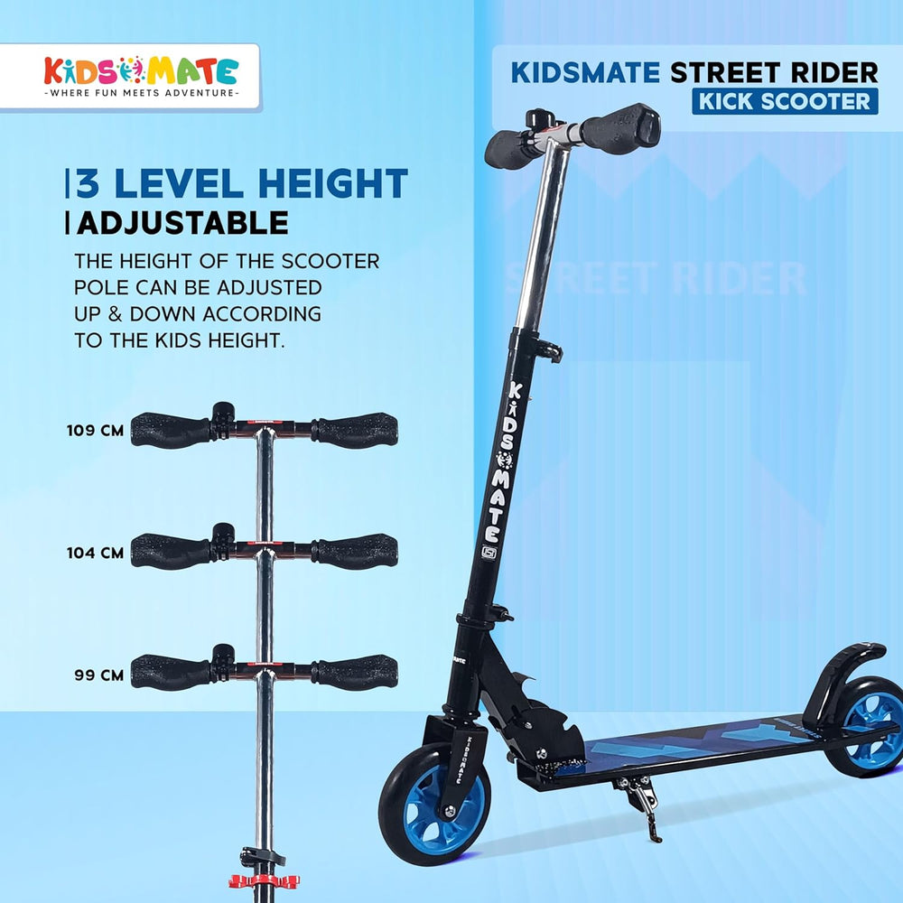 A vibrant kick scooter designed for kids aged 6-13, featuring adjustable height settings. The scooter has a sleek black frame with blue wheels and a prominent 'KIDSMATE' logo on the stem.