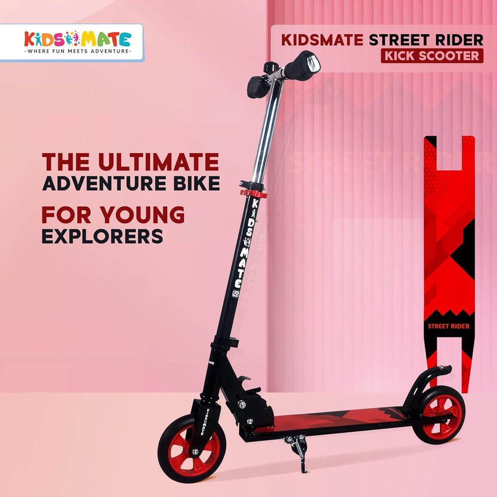 A vibrant red and black kick scooter designed for kids, featuring a sturdy frame and wide wheels. The handlebar is adjustable, and the deck displays the Kidsmate logo, emphasizing adventure for young explorers.