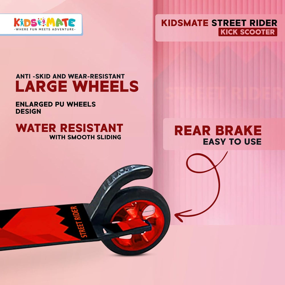 A vibrant kick scooter featuring large wheels, a rear brake, and a sleek design. The scooter is designed for kids aged 6-13 years, with a focus on smooth sliding and water resistance. The Kidsmate logo is visible.