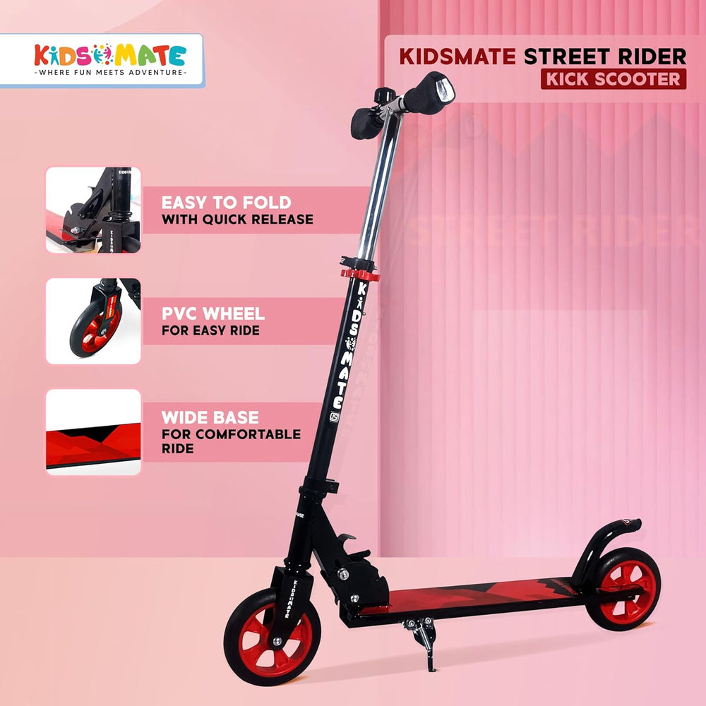 A vibrant Kidsmate Street Rider kick scooter featuring a sleek black and red design, easy-to-fold mechanism, and comfortable wide base. The scooter is displayed against a colorful background.