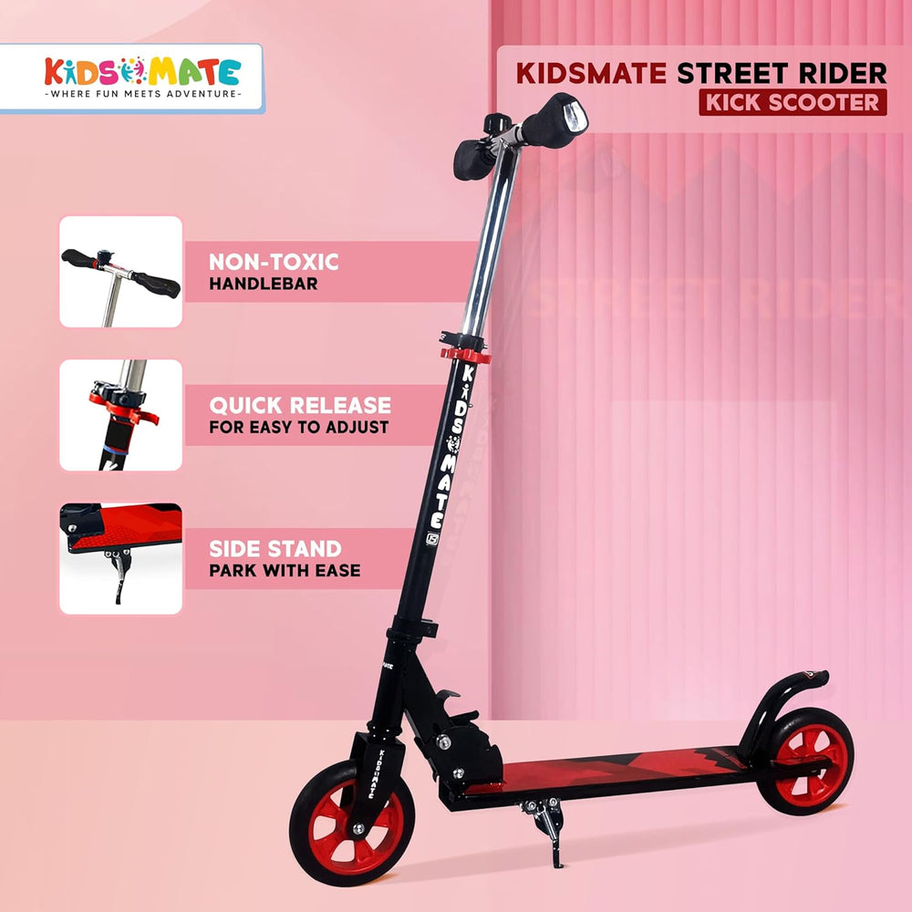 A vibrant Kidsmate Street Rider kick scooter featuring a sleek design with a black and red color scheme. The scooter has a non-toxic handlebar, adjustable height, and a convenient side stand for easy parking.