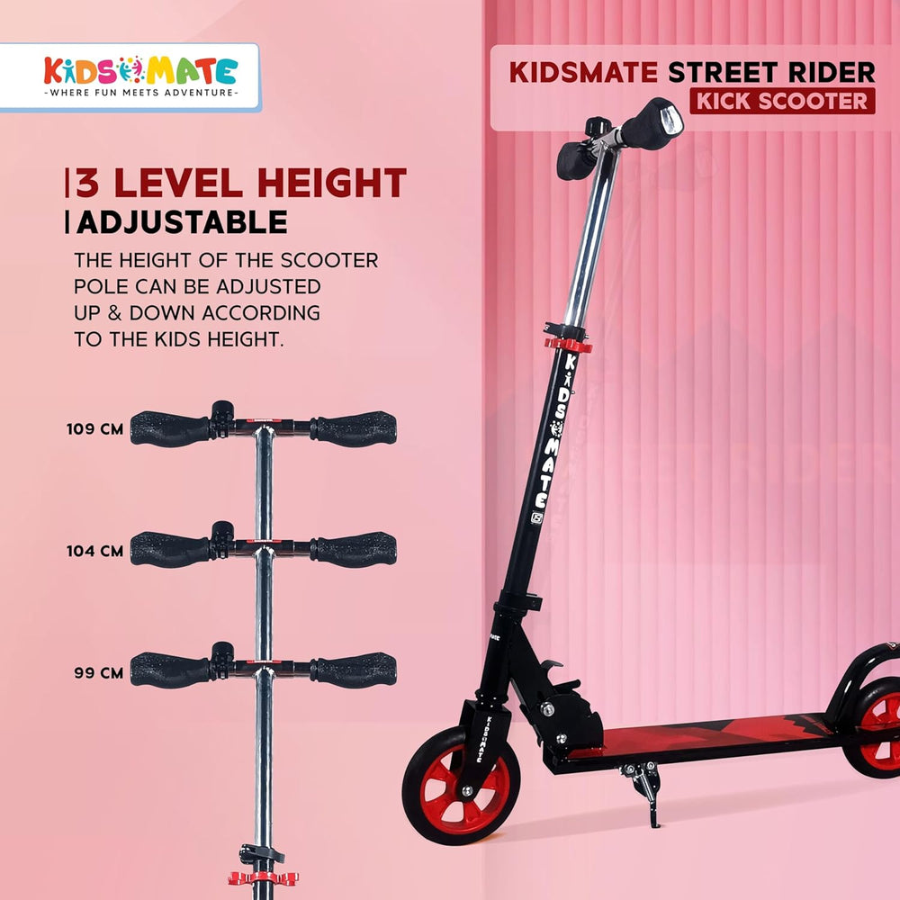 A vibrant kick scooter designed for kids aged 6-13, featuring adjustable height settings. The scooter has a sleek red and black design with a sturdy base and comfortable grip, showcasing the Kidsmate logo.