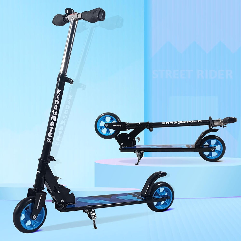 A blue kick scooter designed for kids aged 6-13 years, featuring a sleek black frame and blue wheels. The scooter is displayed against a light blue background, showcasing its adjustable handlebars and sturdy deck.