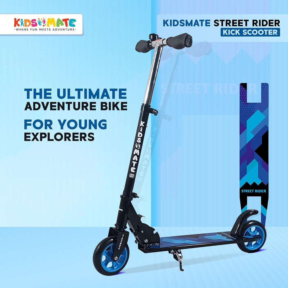 A vibrant kick scooter designed for kids aged 6-13, featuring a sleek blue and black design. The scooter has a sturdy frame, comfortable handlebars, and bright wheels, perfect for young explorers.