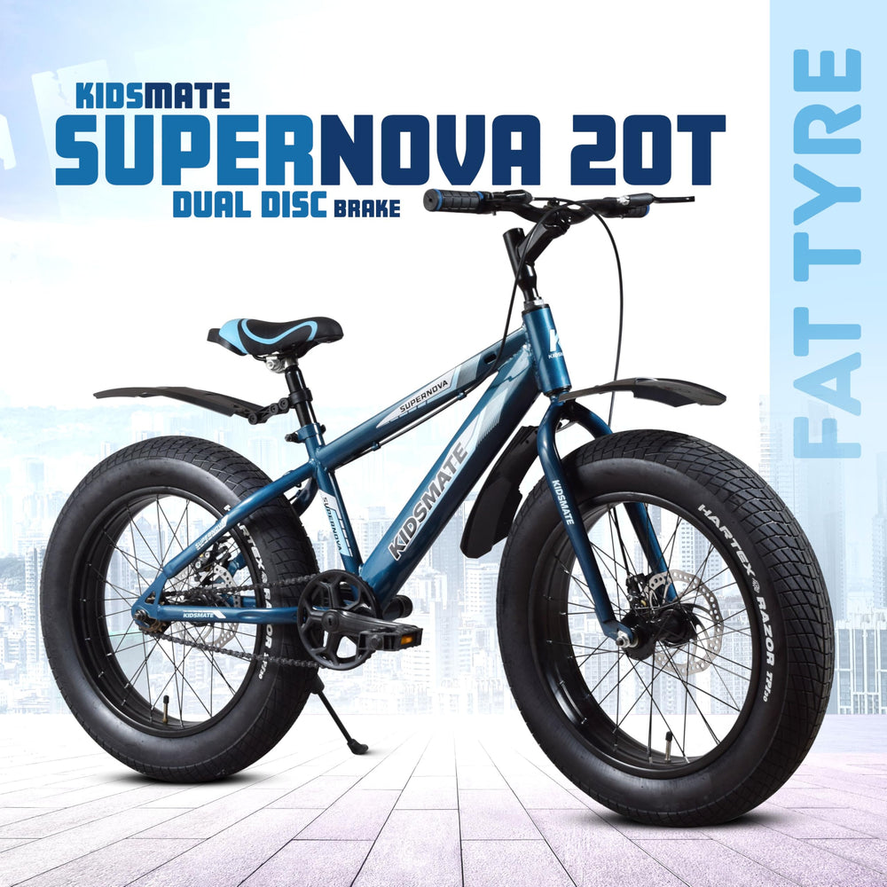 A vibrant blue fat tire bicycle designed for kids, featuring a sleek frame and dual disc brakes. The bike is showcased against a light background with a cityscape, highlighting its sturdy tires.