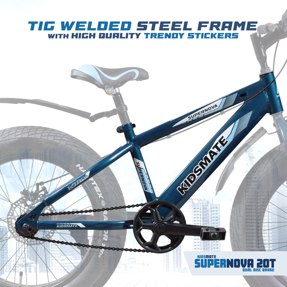 A vibrant blue kids' bicycle featuring a TIG welded steel frame and trendy stickers. The bike has fat tires and a dual disc brake system, designed for a fun and adventurous ride.