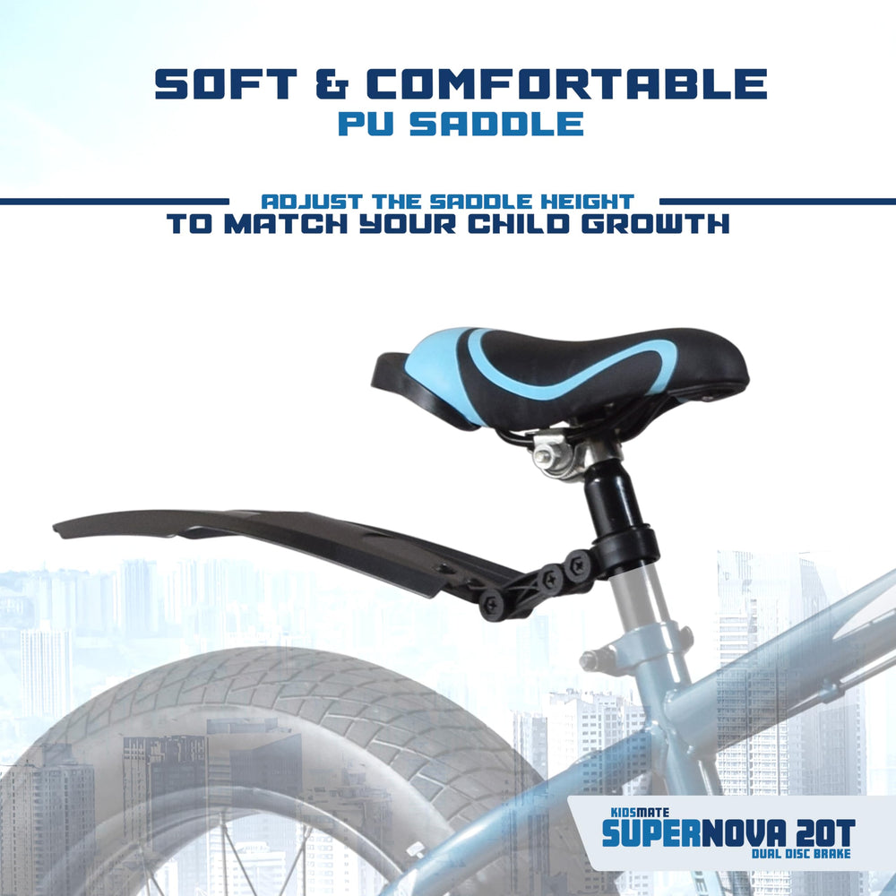 A close-up of a soft and comfortable bicycle saddle designed for kids, featuring an adjustable height mechanism. The saddle is black with blue accents, set against a light background.