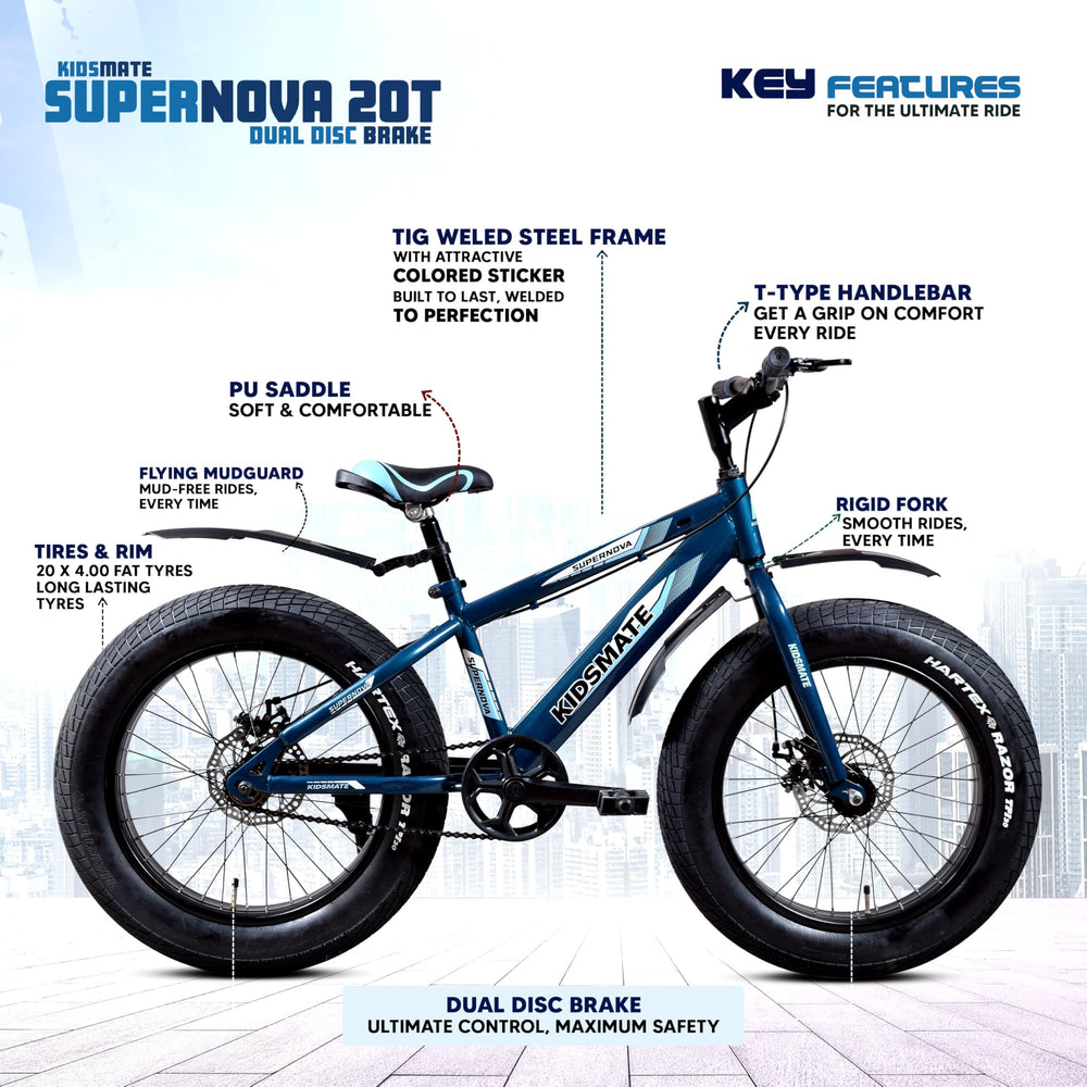Kidsmate Supernova 20T fat tire bicycle for kids, featuring a blue frame, thick tires, dual disc brakes, and a comfortable PU saddle. Highlights include a T-type handlebar and a rigid fork.