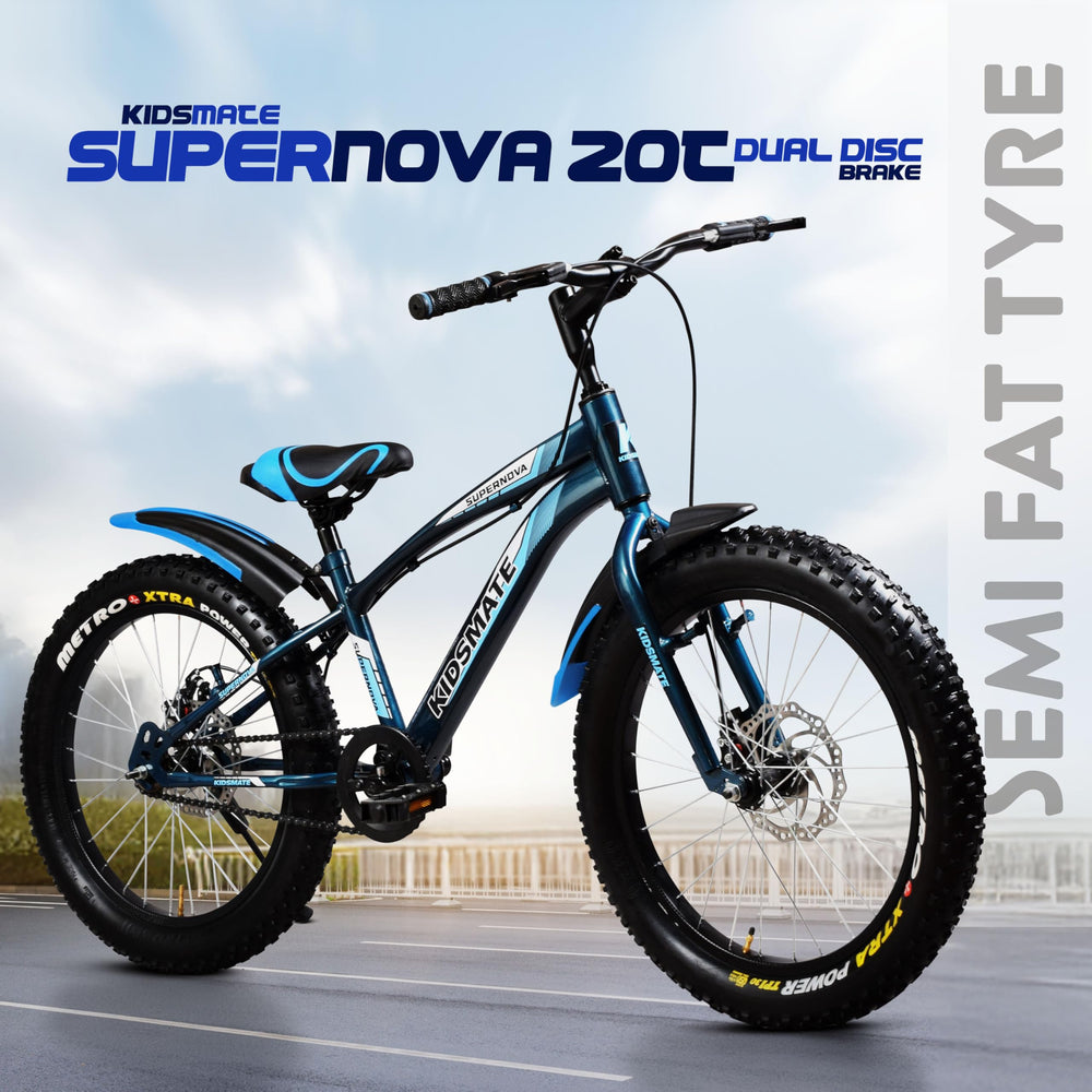 A vibrant blue kids bicycle featuring semi fat tires, a dual disc brake system, and a stylish design. The frame displays the brand name 'Kidsmate' prominently.