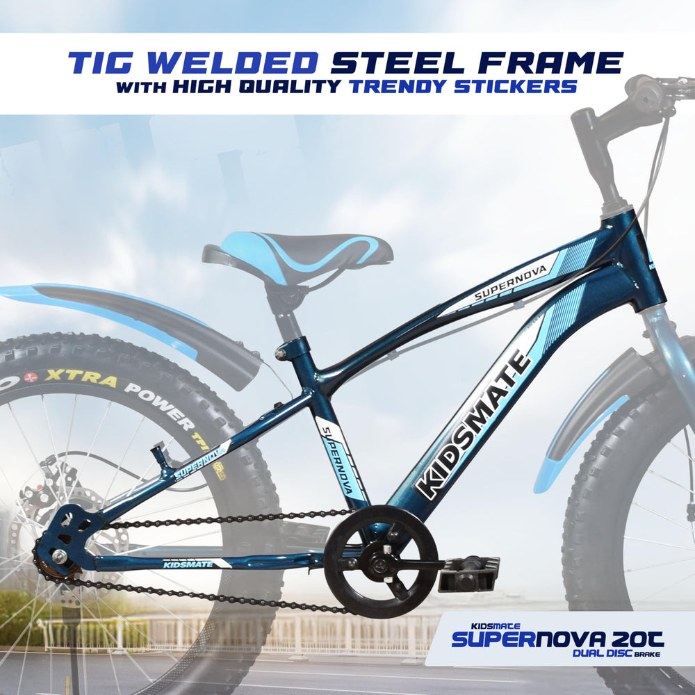 A vibrant kids bicycle featuring a TIG welded steel frame with trendy stickers. The frame is predominantly blue with black accents, showcasing the Kidsmate logo prominently. The semi-fat tires add a playful touch.