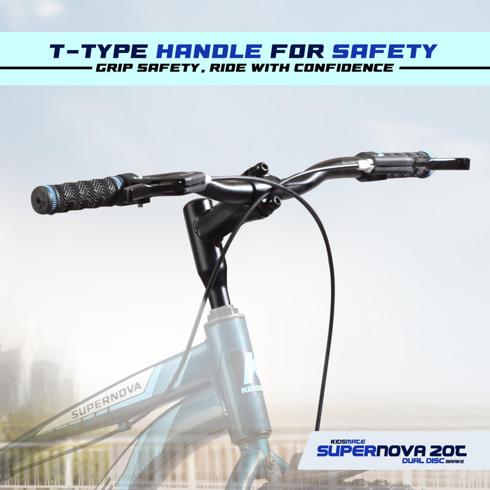 Close-up of the T-type handlebar of a Kidsmate Supernova 20T bicycle, featuring textured grips for safety and control, set against a bright background.