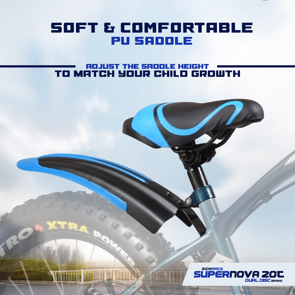 A close-up of a soft PU saddle on a kids bicycle, featuring a sleek design with blue accents. The saddle is adjustable to accommodate growing children, showcasing the Kidsmate Supernova 20T model.