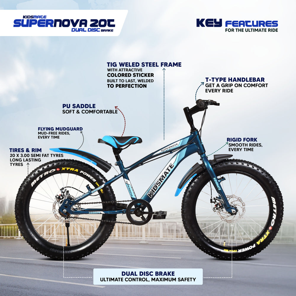 A vibrant blue Kidsmate Supernova 20T semi fat tire bicycle featuring a sturdy frame, wide tires, and a comfortable PU saddle. The bike is designed for kids, showcasing key features like dual disc brakes and a T-type
