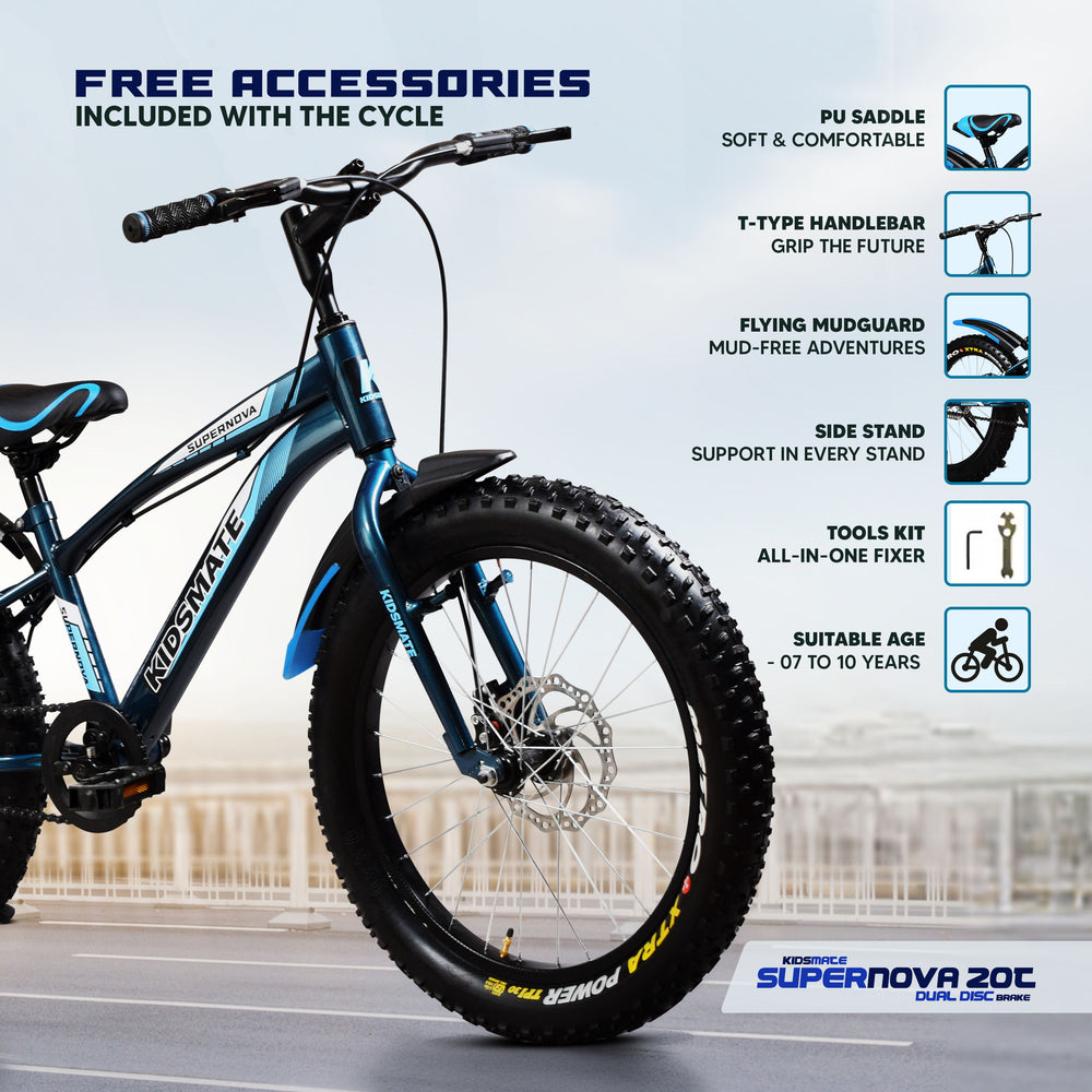 A vibrant blue Kidsmate Supernova 20T semi fat tire cycle featuring a sturdy frame, wide tires, and a comfortable handlebar. Accessories included are highlighted alongside the bike.