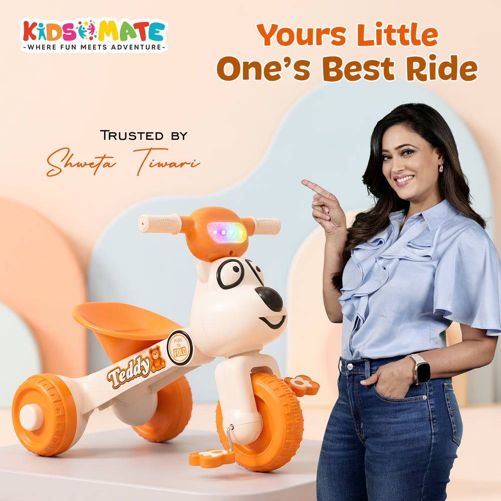 Kidsmate Teddy White & Orange tricycle shown with a parent and child