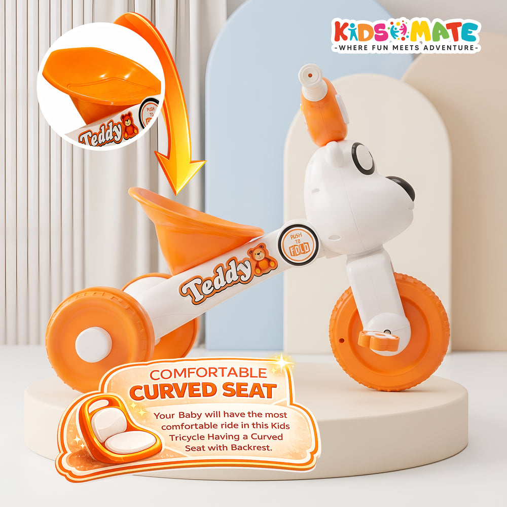 Curved seat and backrest on the Kidsmate Teddy tricycle