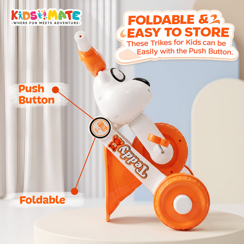 Kidsmate Teddy tricycle folding mechanism and folded position