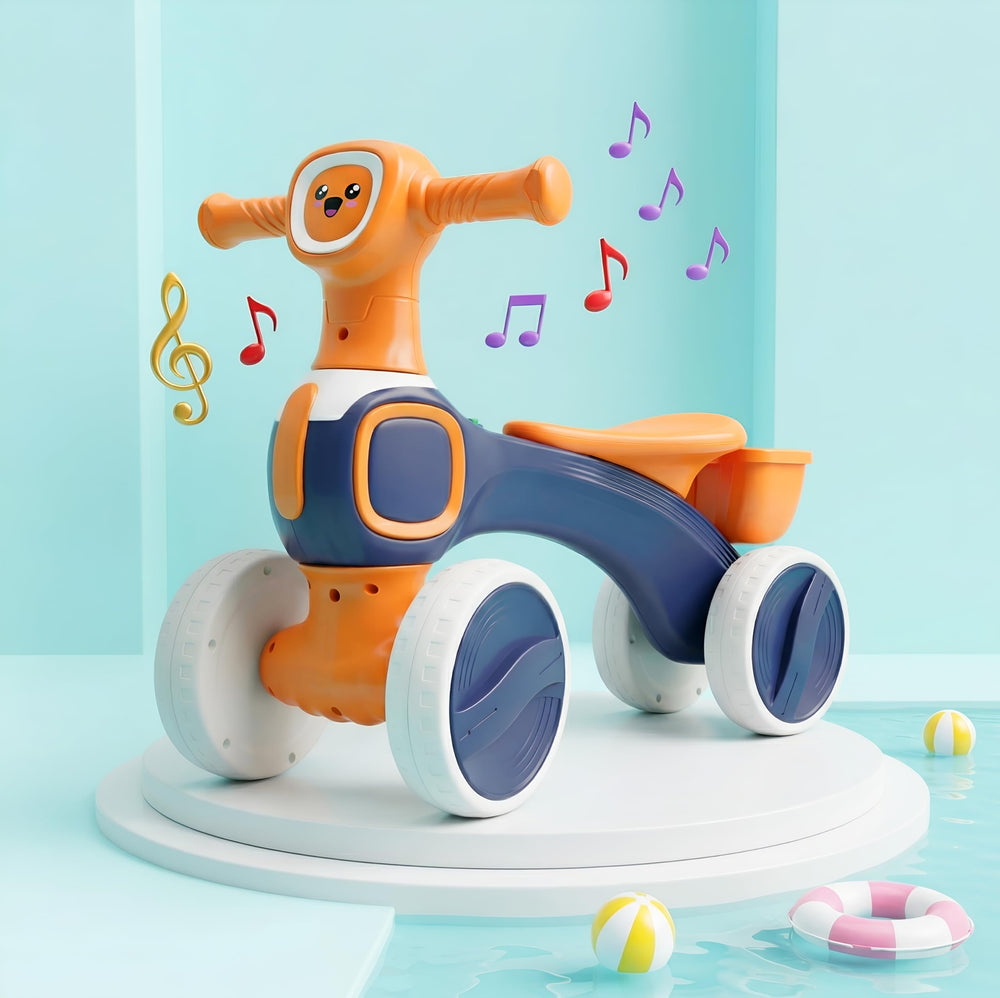 A colorful blue and orange baby push ride-on toy featuring a cheerful face, musical notes, and large wheels, displayed on a white pedestal against a light blue background.