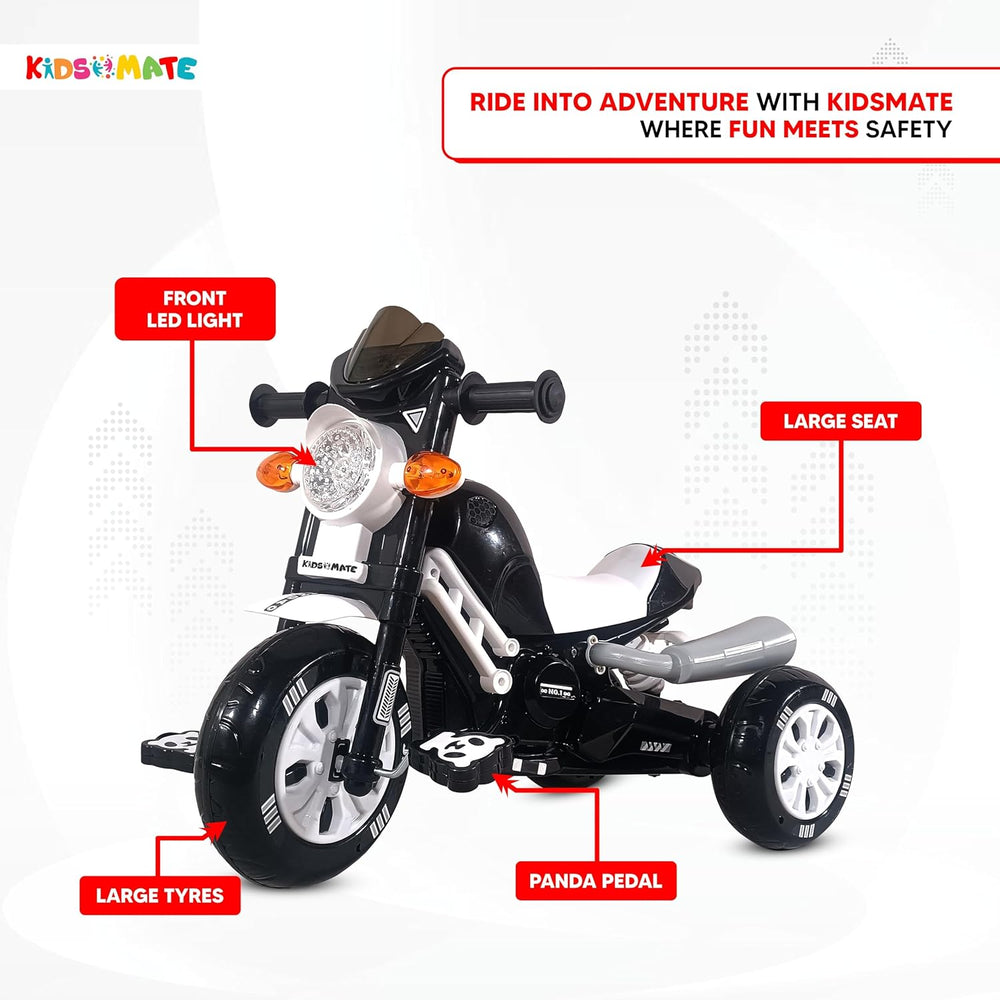 A sleek black and white tricycle designed for kids, featuring a large seat, front LED light, and large tires. The design includes a musical horn and playful panda pedal, perfect for ages 3-6.