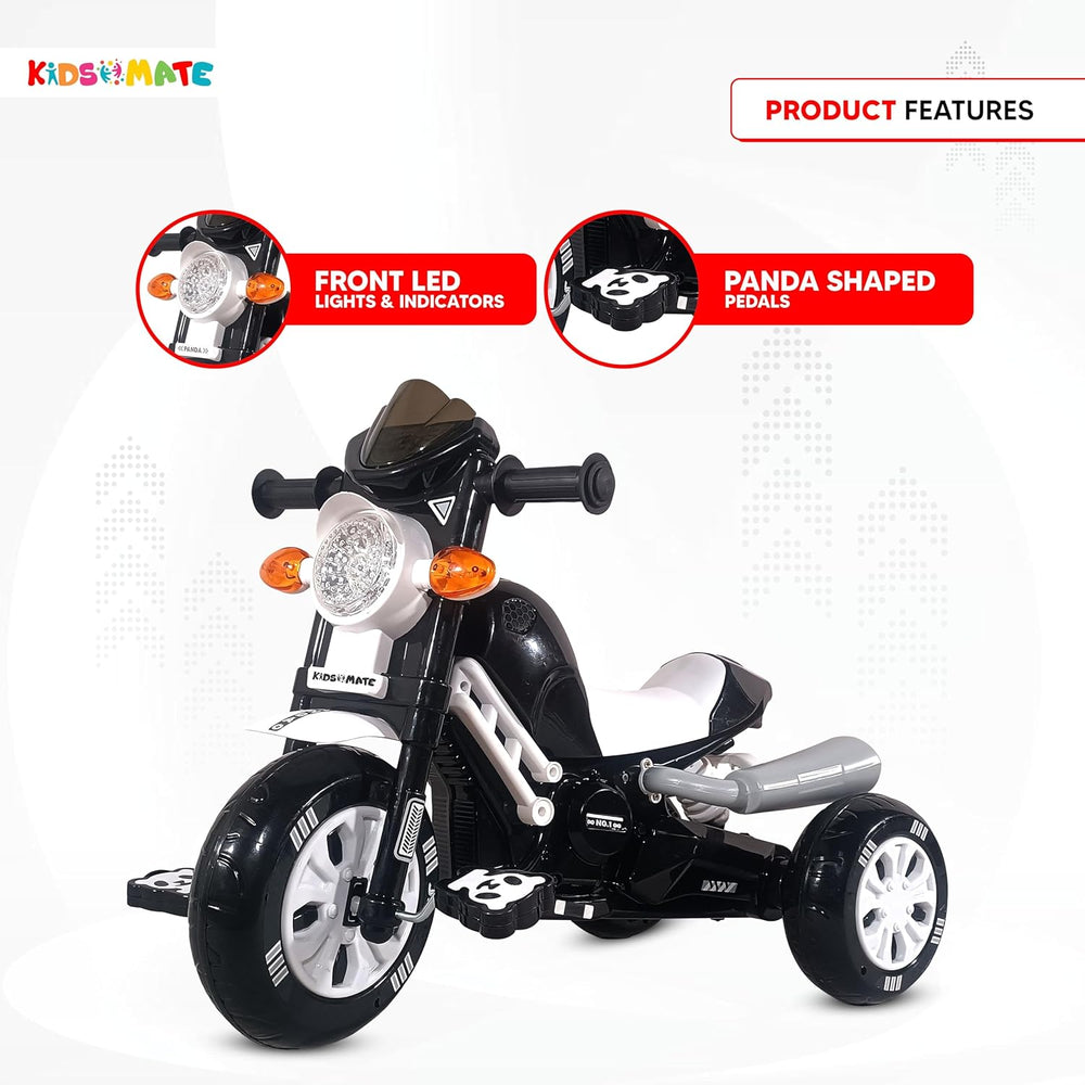 A sleek black and white tricycle designed for kids, featuring panda-shaped pedals, a musical horn, and front LED lights. The Kidsmate logo is visible on the frame.