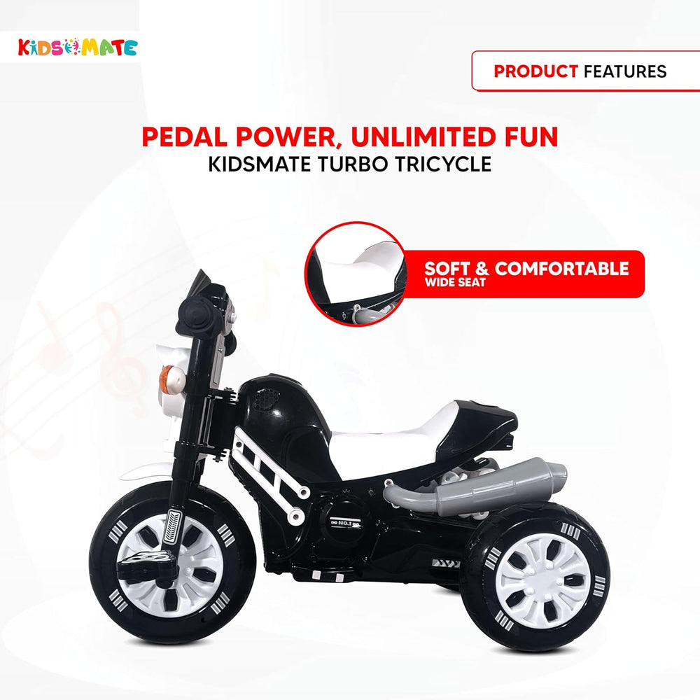 A black and white Kidsmate Turbo Bike Pedal Tricycle featuring a wide seat, musical horn, and lights. The design is playful and inviting, perfect for children ages 3-6.