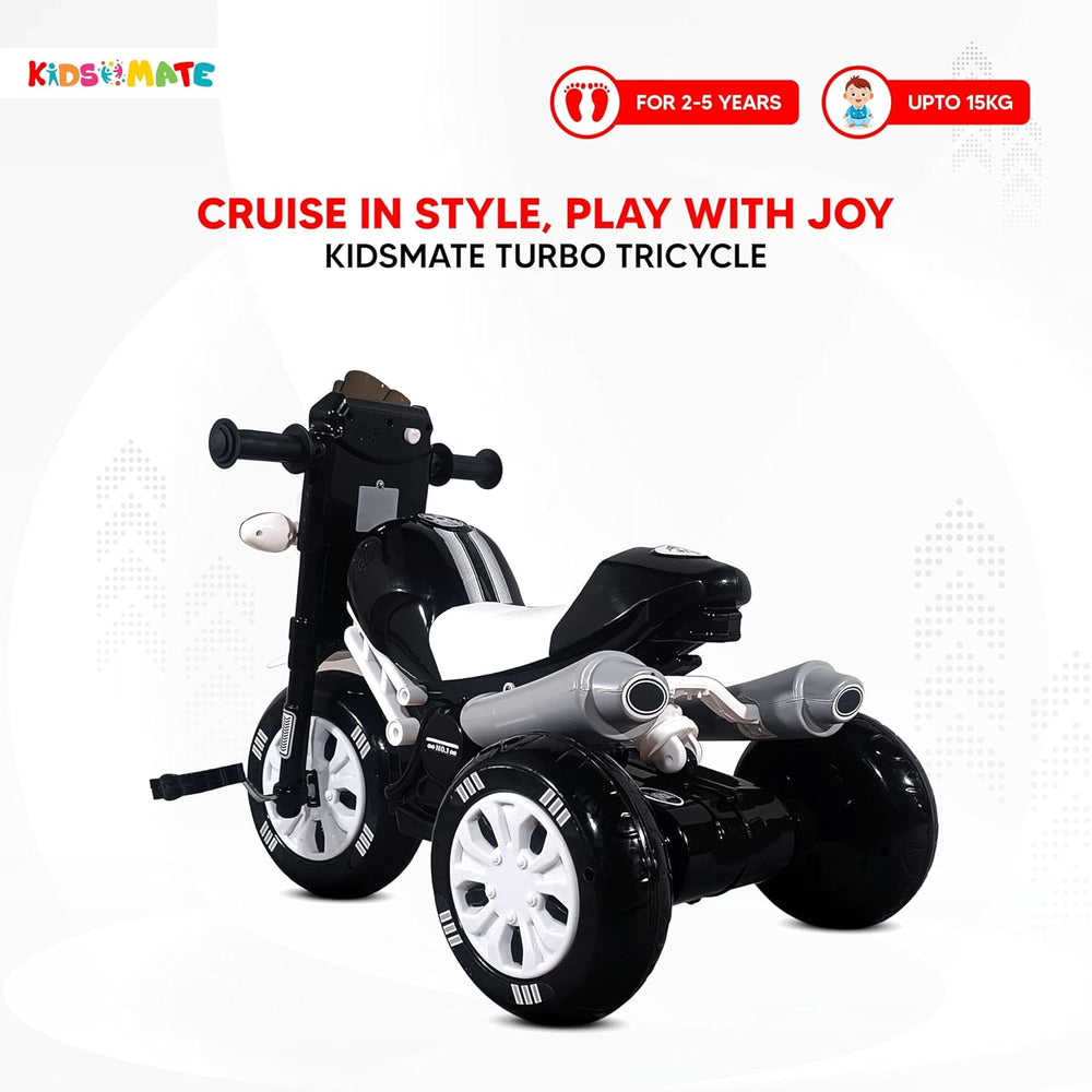 A sleek black and white tricycle designed for kids, featuring a musical horn and lights. The tricycle has large wheels and a sporty design, suitable for ages 3-6, with a comfortable seat.