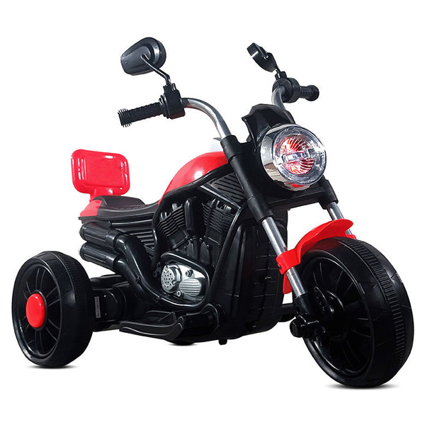 A vibrant red and black electric bike designed for kids, featuring a sleek body, comfortable seat, and large wheels. The bike has handlebars and a front light, perfect for outdoor adventures.