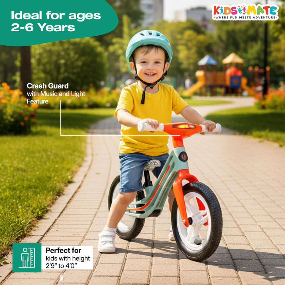 A cheerful child riding a balance bike in a park, wearing a helmet and colorful clothing. The bike features a crash guard, and the background shows playground equipment and greenery.