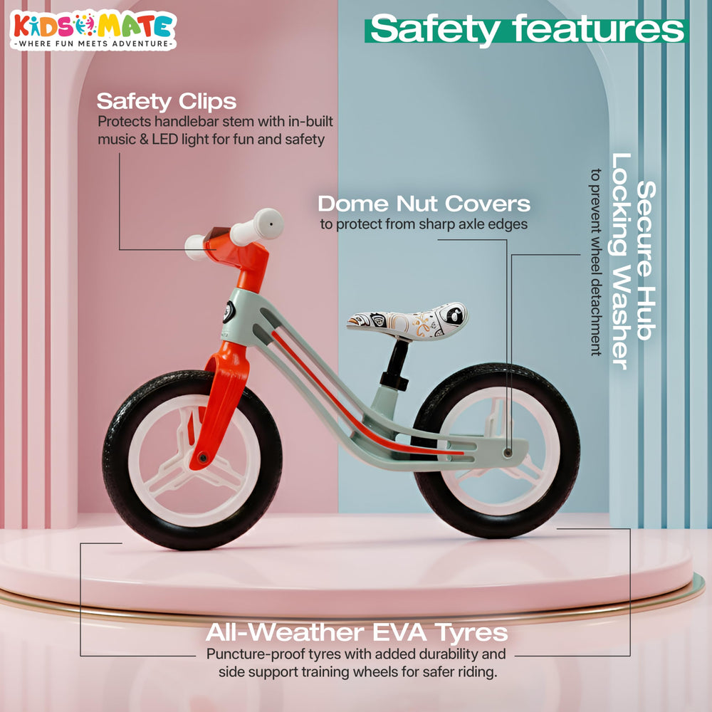 A colorful Kidsmate Zippy Balance Bike featuring a sleek design with safety clips, dome nut covers, and all-weather EVA tires. The bike is displayed against a pastel background, highlighting its safety features.