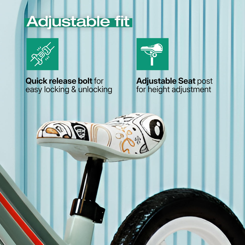 Close-up of a balance bike featuring an adjustable seat with a playful design, quick release bolt for easy locking, and a sturdy wheel. The bike showcases a light color scheme, ideal for kids.