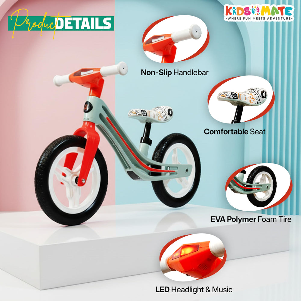 A vibrant Kidsmate Zippy Balance Bike featuring a non-slip handlebar, comfortable seat, EVA polymer foam tire, and LED headlight. The bike is displayed against a colorful backdrop.