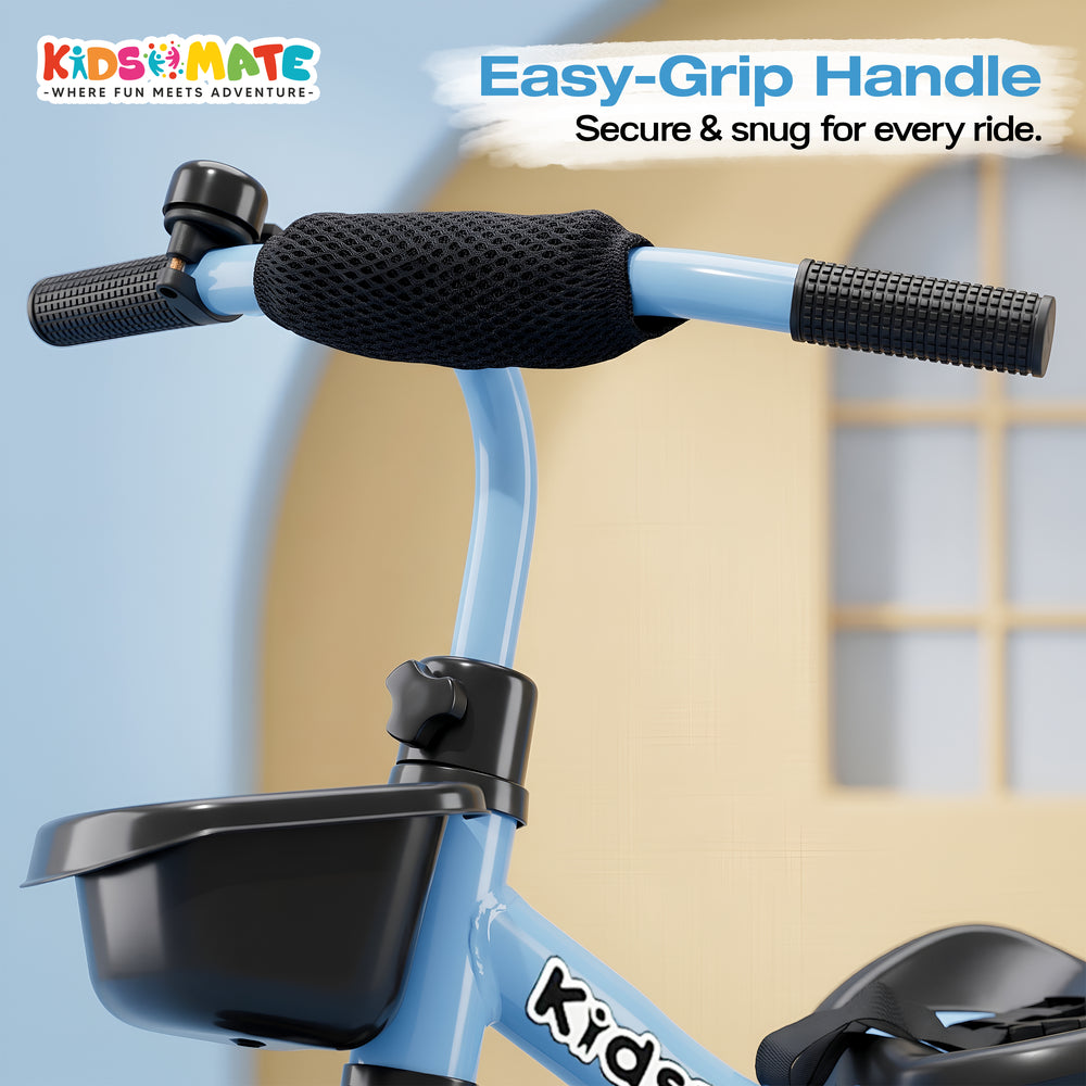 Close-up of a blue trike cycle handle featuring an easy-grip design, with a textured black grip for comfort. The Kidsmate logo is visible on the frame, emphasizing fun and adventure.